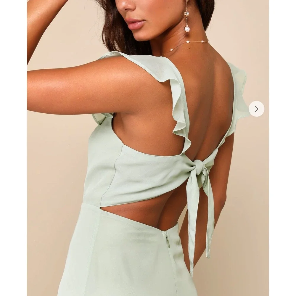 NWT Lulus Sweetest Entrance Sage Green Ruffled‎ Tie-Back Maxi Dress Sz S